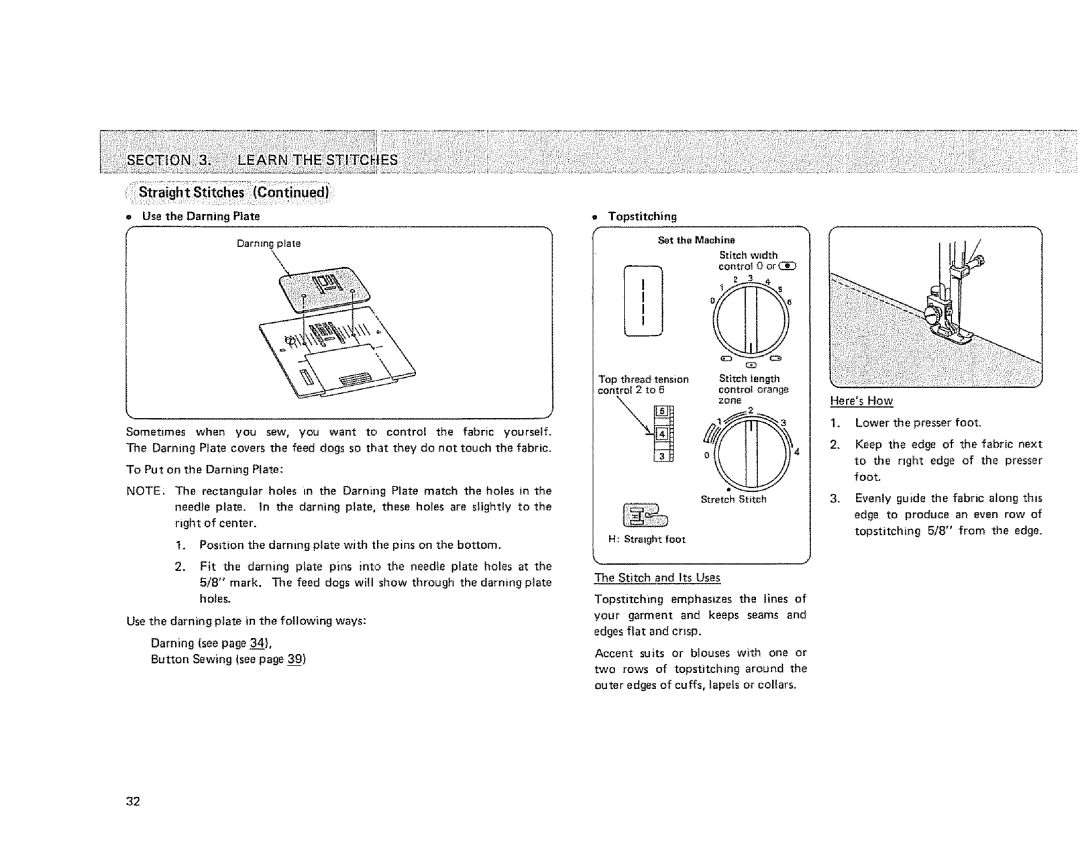 Sears 385. 1884180 Use the Darning Plate, Use the darning plate in the following ways, Control 0 grog, Thread tension 