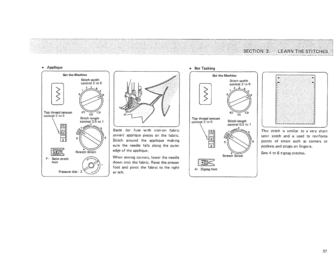 Sears 385. 1884180 owner manual Applique, = Bar Tacking, Very short, Pressure dial2 