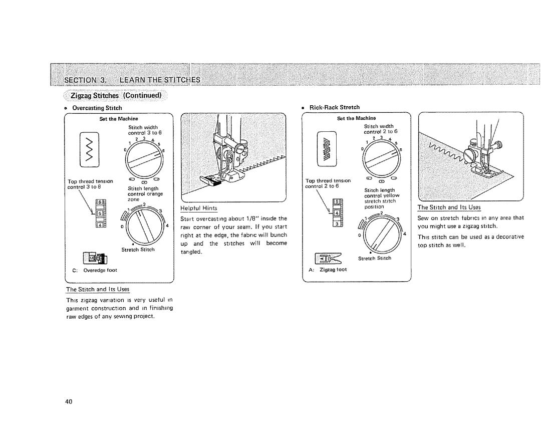 Sears 385. 1884180 owner manual = Rick-Rack Stretch, Stitch length Control 