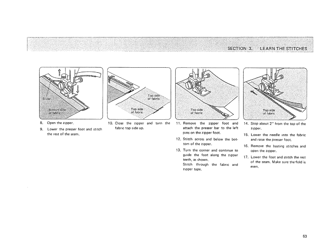 Sears 385. 1884180 owner manual Openthezipper Cosethe zipper and turn 