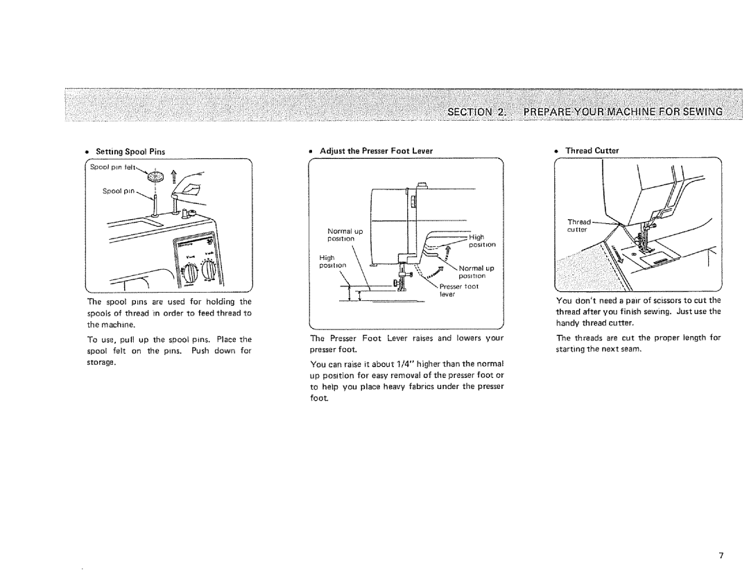 Sears 385. 1884180 owner manual = Thread Cutter, = Setting Spool Pins, = Adjust the Presser Foot Lever 