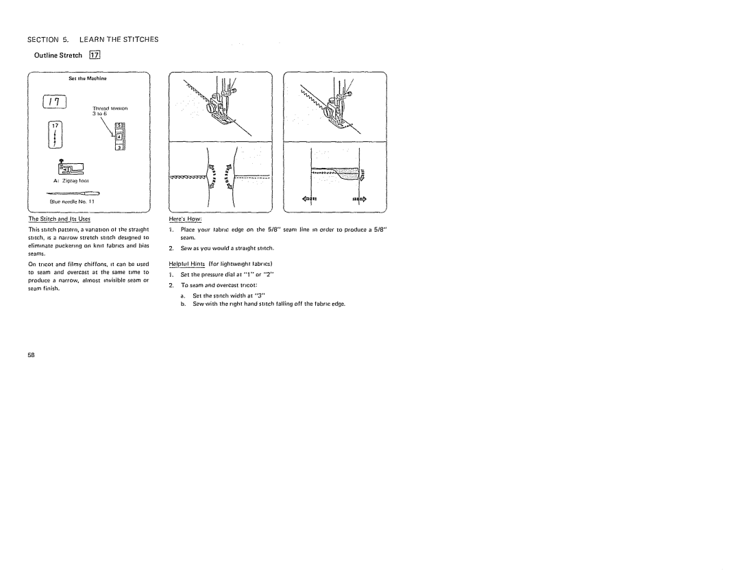 Sears 385. 19601 owner manual Learn the STfTCHES Outline Stretch, Helplul Hints for lightweight fabrics 