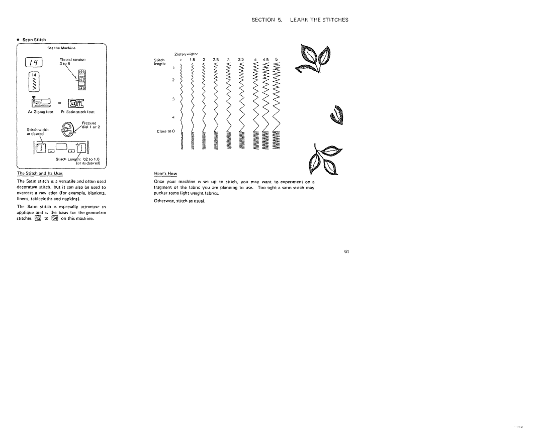 Sears 385. 19601 owner manual SECTIONB. Learnthestitches, Satin Stitch Mchno 3rob, Zigzagloot F Satinstltcti=ot, Here*s How 