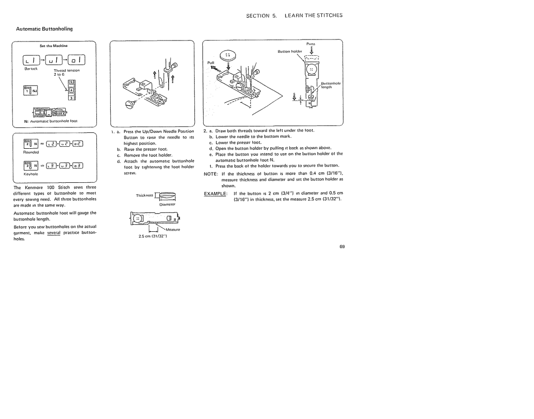 Sears 385. 19601 Automatic Buttonholing, AiJtonla¢ buttorhote foat, Lower the presser foot, To use on the button Holder at 