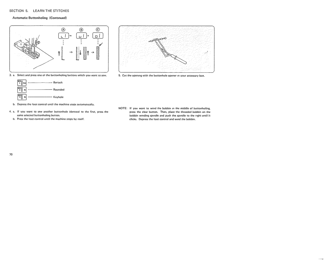 Sears 385. 19601 owner manual SECTON5. LEARNTHESTrTCHES AutomaticButtonholing, Keyhole, Until Clicks 