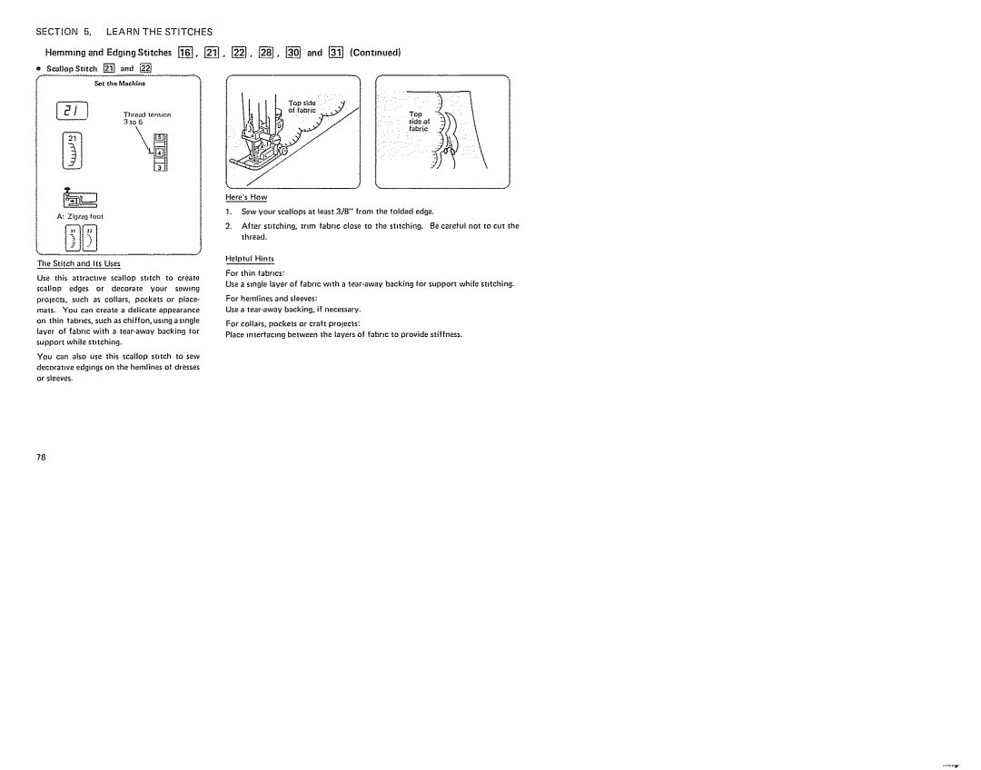 Sears 385. 19601 owner manual Hemming and Edging Stitches, Scallop edges or decorate your sewing, For thin fabrics 