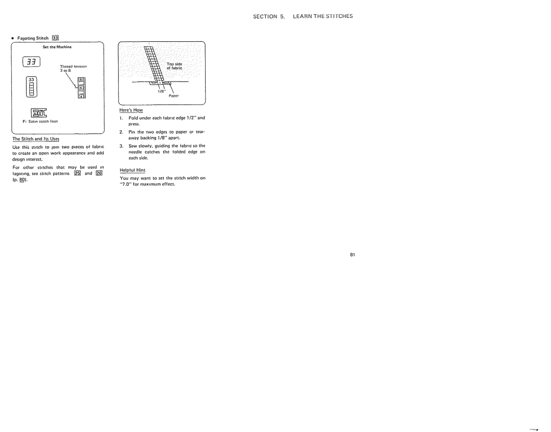 Sears 385. 19601 owner manual Learnthesti£Ches, Fagoting Stitch, Fold under each fabric edge 112 and press, Helpful Hint 