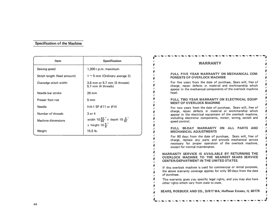 Sears 385. 564180 owner manual Specification of the Machine 