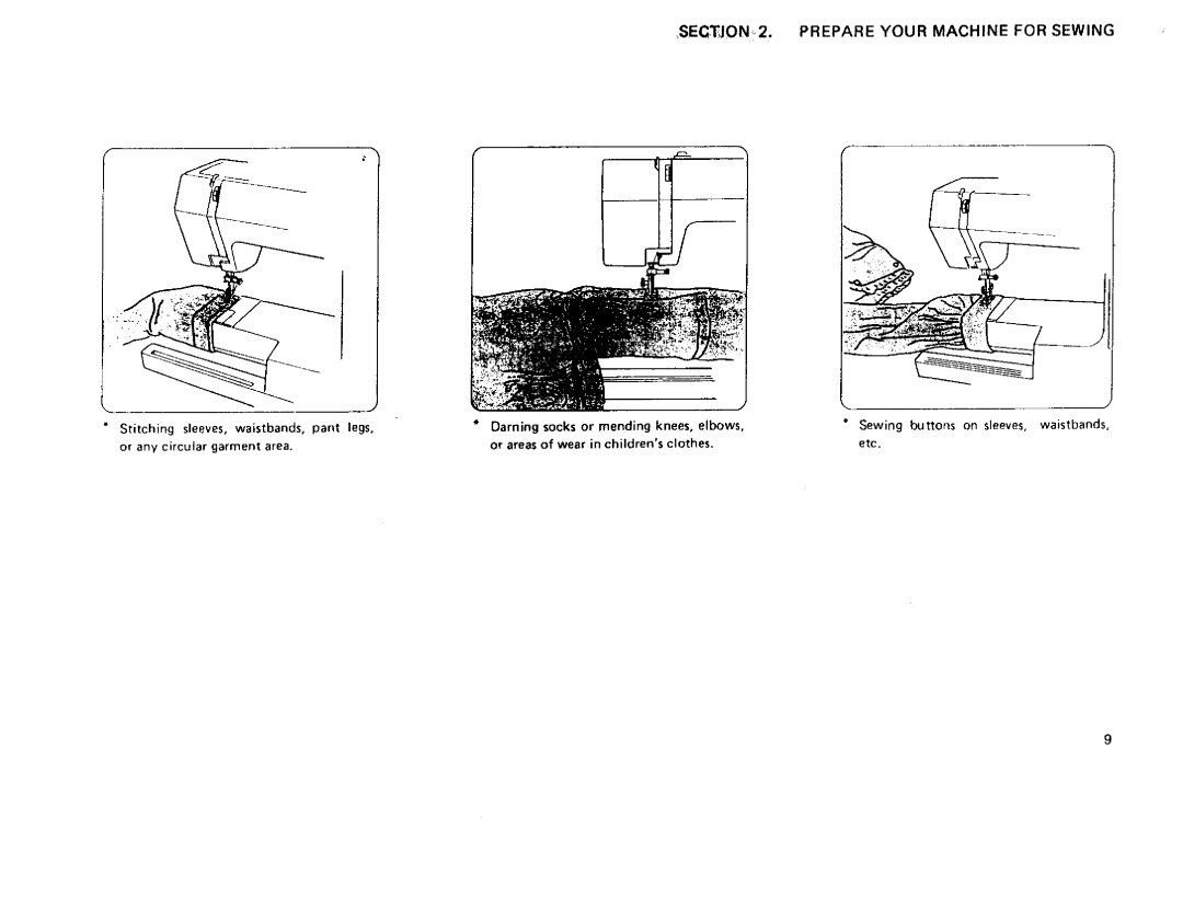 Sears 385 owner manual Sectjon 2. Prepare Your Machine for Sewing, Darning socks or mending knees, elbows 