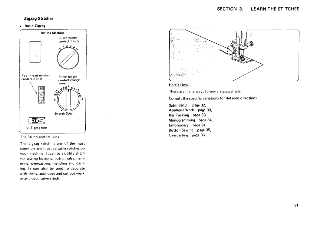 Sears 385 owner manual Zigzag Stitches, Stretch Stitch Zigzag foot, Or as a decorative stitch 