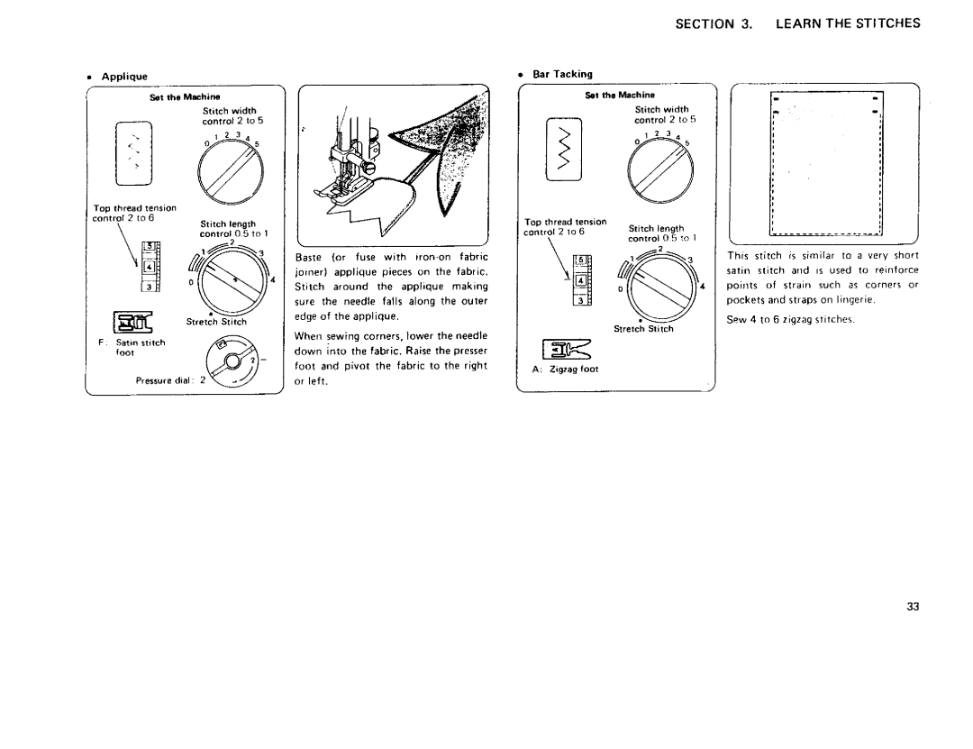 Sears 385 owner manual Applique Bar Tacking Set the Machine, Control to Top Thread tension Control 2 to 