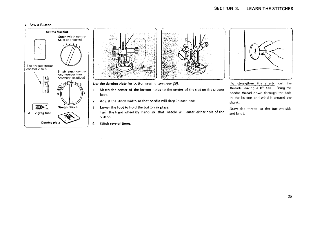 Sears 385 owner manual Stitch several times, Sew a Button, Stitch width control, Top thread tension control 2 to 