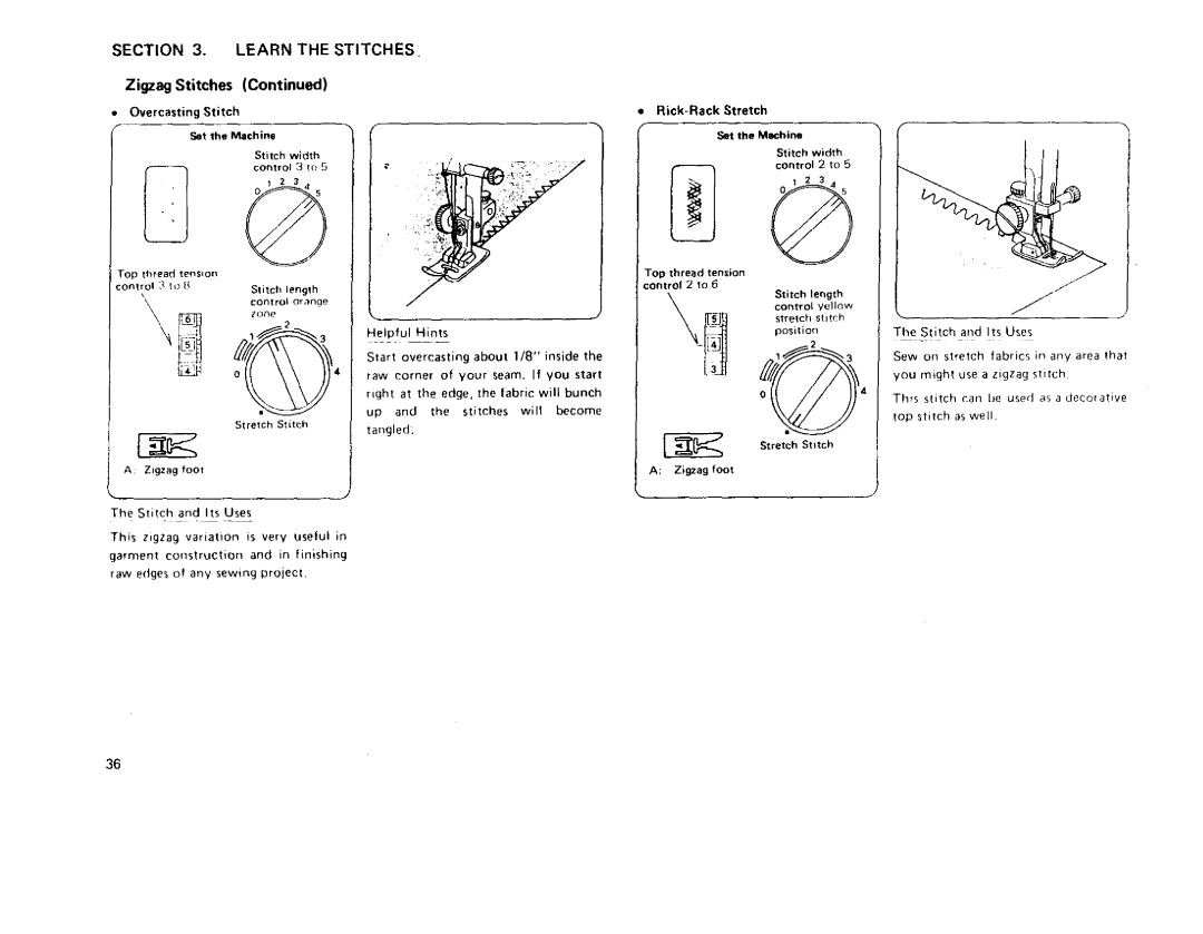 Sears 385 Zigzag Stitches Overcasting Stitch, Control 3 to, Control Io tt, Set the Machine Stitch width control 2 to 