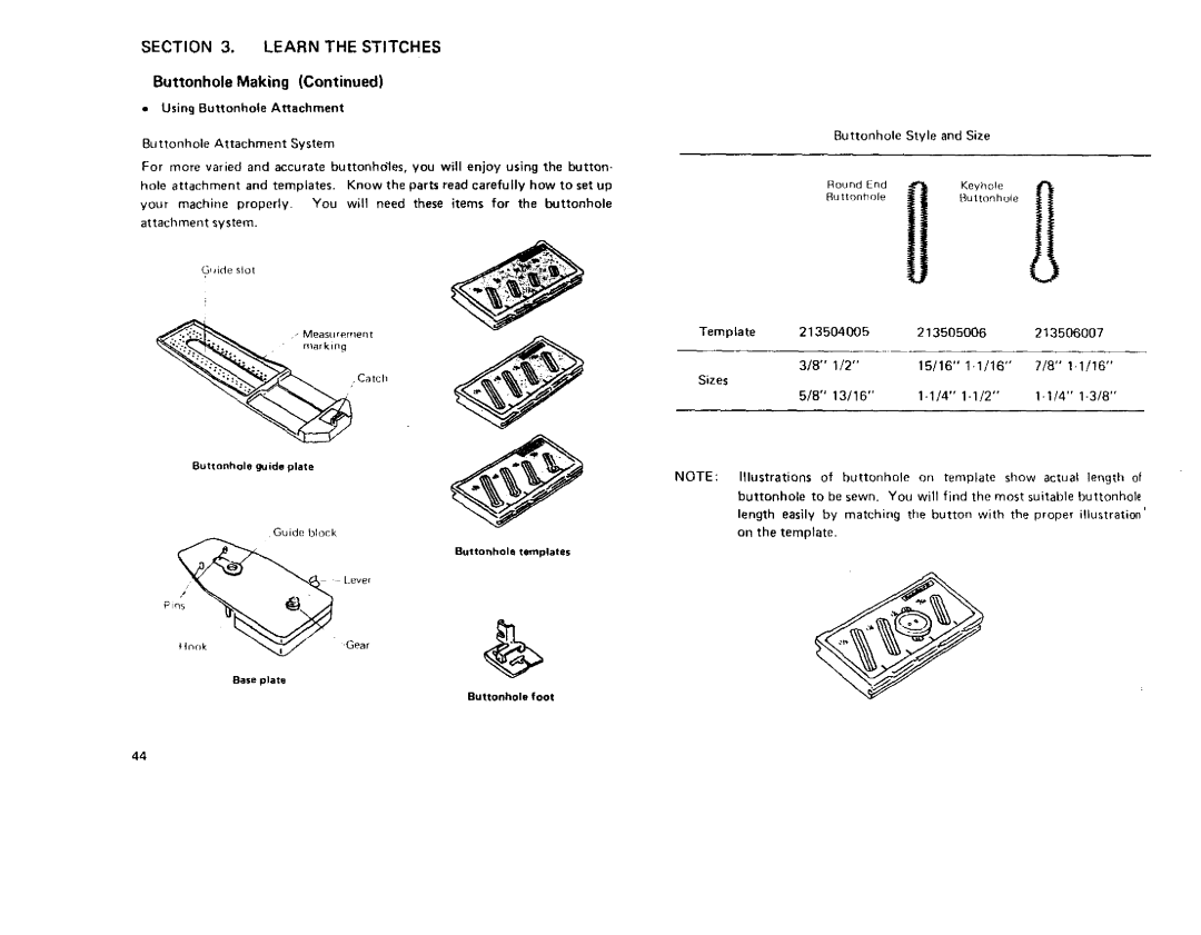 Sears 385 Buttonhole Making Using Buttonhole Attachment, Template 213504005 213505006 213506007 Sizes 15/16 13/16 