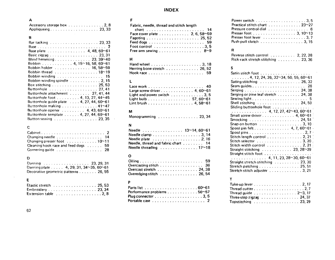 Sears 385 owner manual Index 