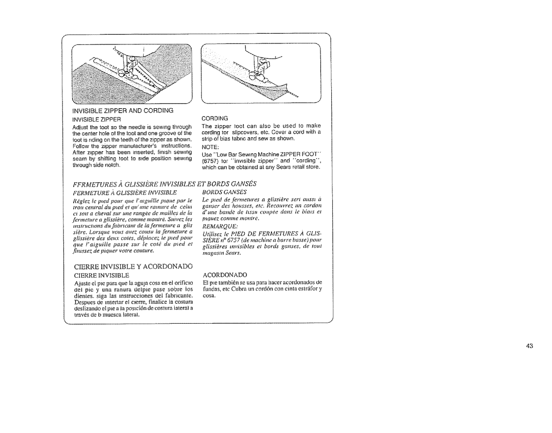 Sears 385.11608, 385.12814 owner manual Cierre Invisible Y Acordonado 