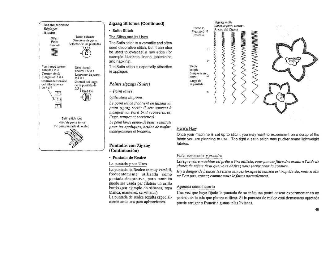 Sears 385.11608, 385.12814 owner manual Points zigzags Suite, Rglages, Zigzag Stitches, Point lancg Utitisatton du potnt 