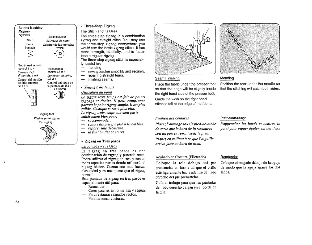 Sears 385.12814, 385.11608 owner manual Zigzag en Tres pasos, Rglages, Longueur du point, Three-Step Zigzag, Mending 