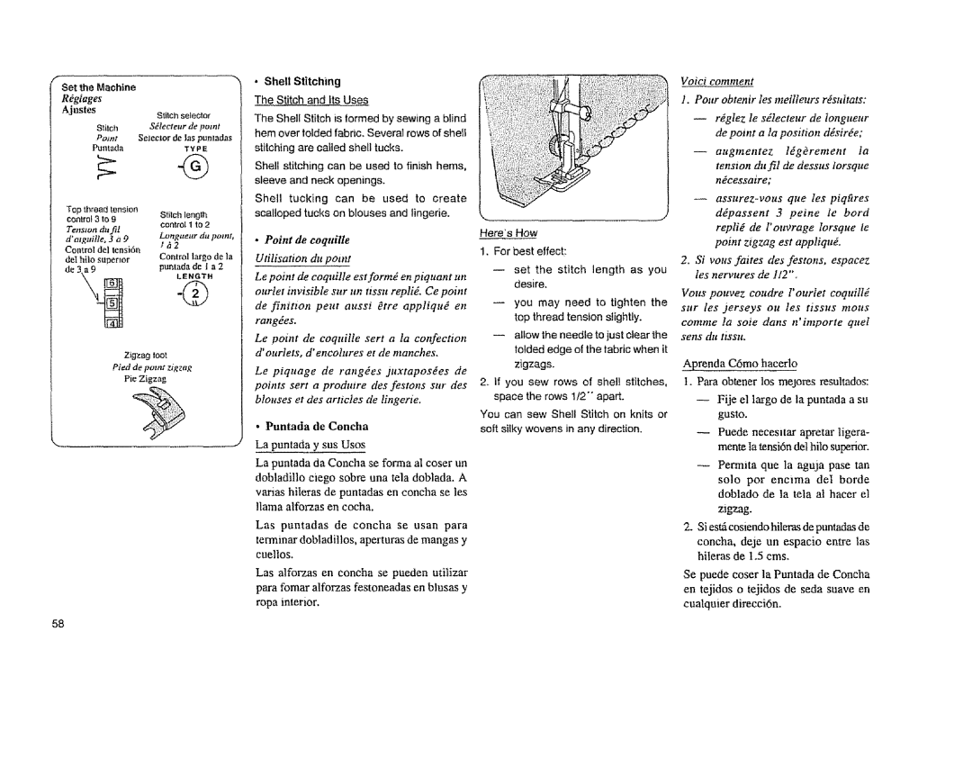 Sears 385.12814 Puntada de Concha La puntada y sus Uses, Rdgtages, Dalguilfe, 3 a, Zigzag toot Pied de pomr z+gzag 