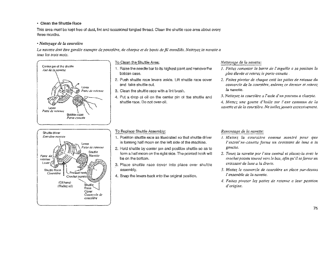 Sears 385.11608, 385.12814 owner manual Clean the Shuttle Race, Huilez tci, Remontage de la navarre 
