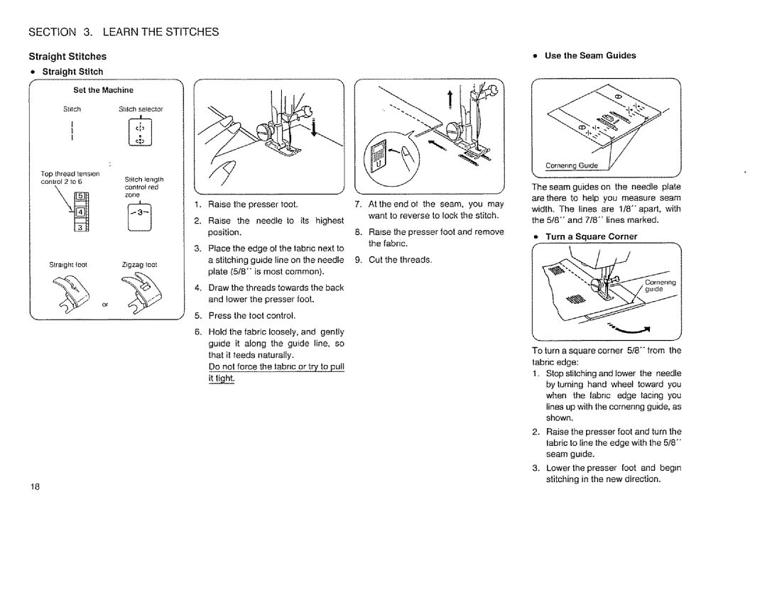 Sears 385.12514 Learn the Stitches, Straight Stitches Set the Machine, Use the Seam Guides, Turn a Square Corner 