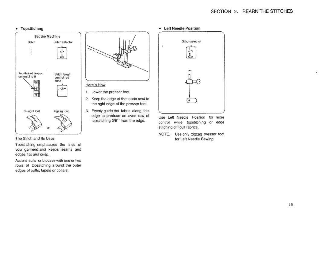 Sears 385.12514 owner manual Rearn the Stitches, Topstitching, Left Needle Position 