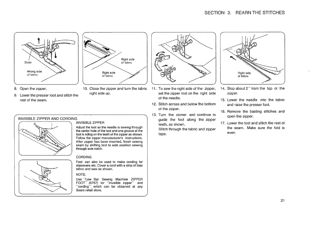 Sears 385.12514 owner manual Rearnthe Stitches, Invisible Zipper and Cording 