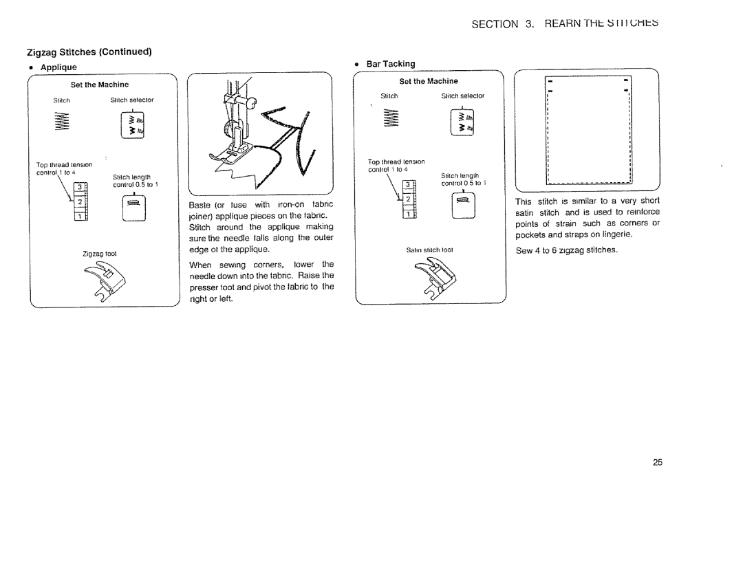 Sears 385.12514 owner manual Rearn the t5 t I t UHI, Zigzag Stitches, Applique Set the Machine, @ Bar Tacking 