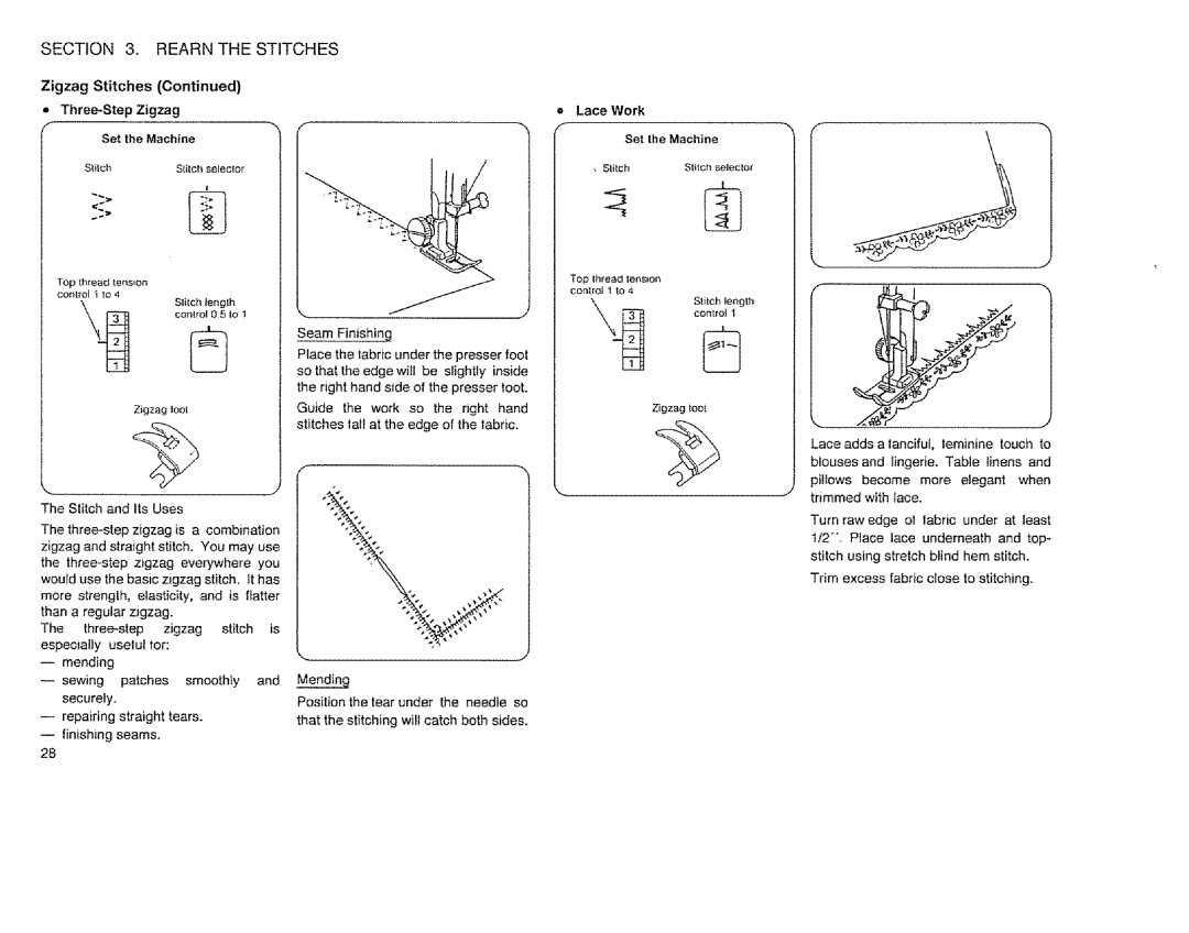 Sears 385.12514 owner manual Rearn the Stitches, Zigzag Stitches Three-Step Zigzag Set the Machine 