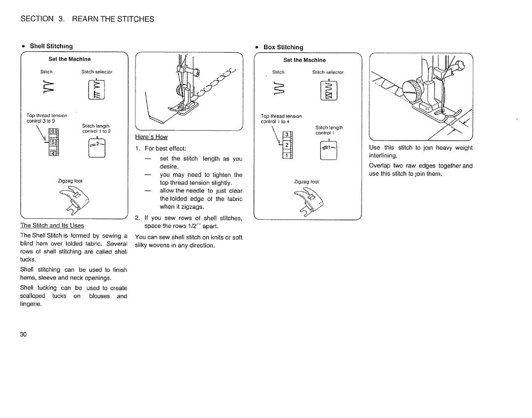 Sears 385.12514 owner manual Shell Stitching Set the Machine, Tucks, Box Stitching Set the Machine 