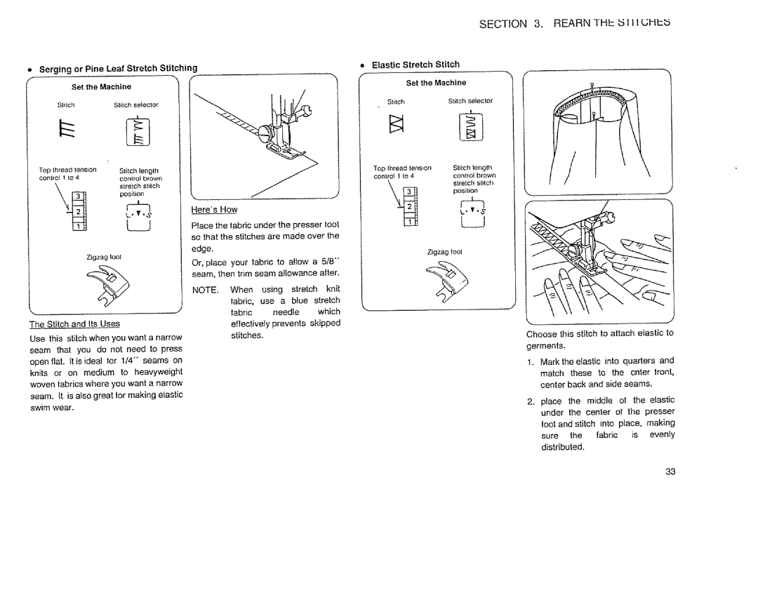 Sears 385.12514 owner manual Rearnhe ,..51i IUHLb, = Etastic Stretch Stitch Set the Machine 