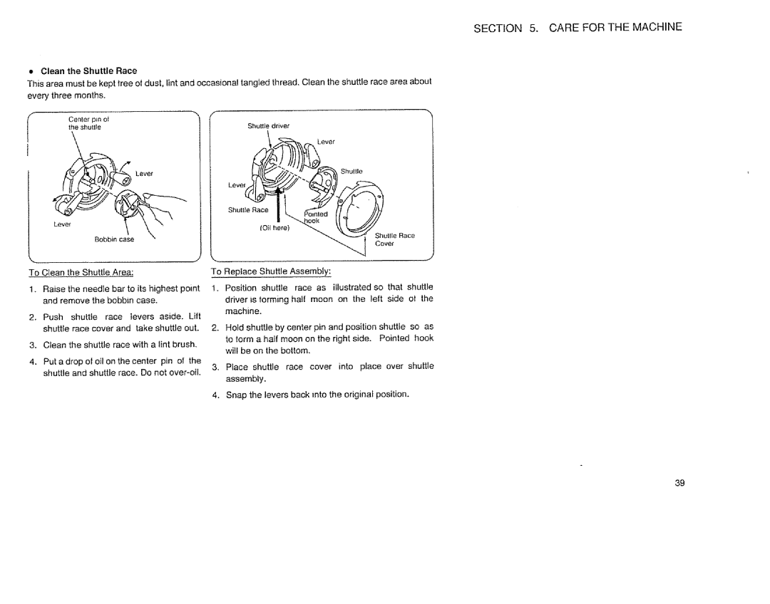 Sears 385.12514 owner manual Center pn oi Shuttle driver Lhe shullle Lever 