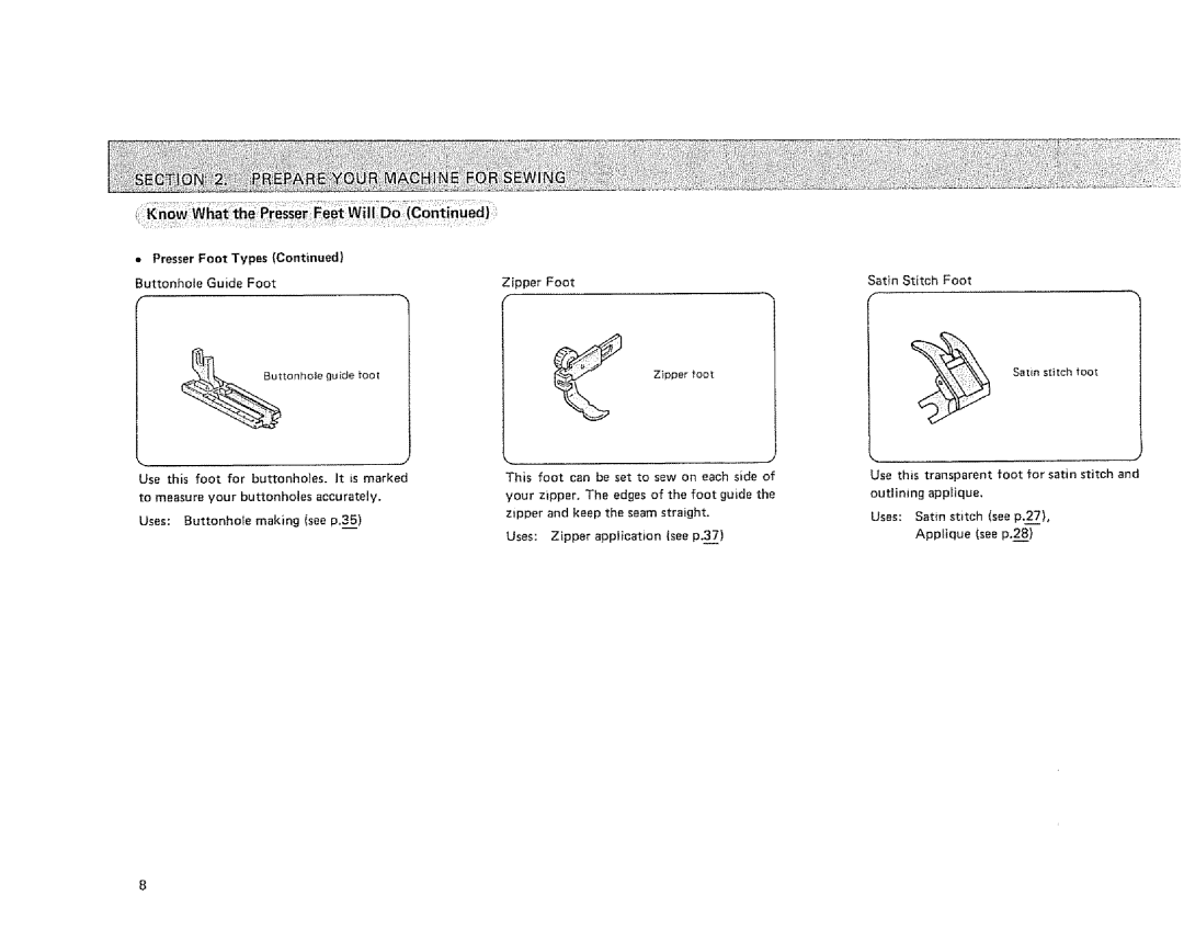 Sears 385.128418 owner manual Presser Foot Types 