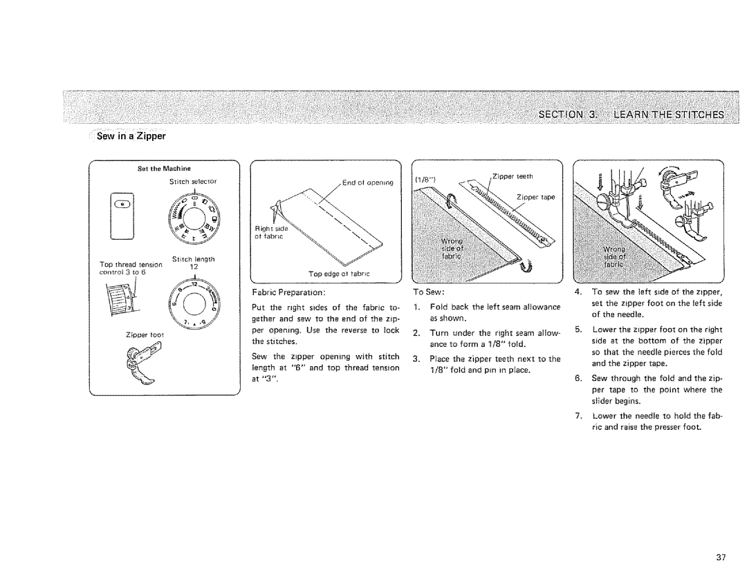 Sears 385.128418 owner manual Sewina ZiPper 