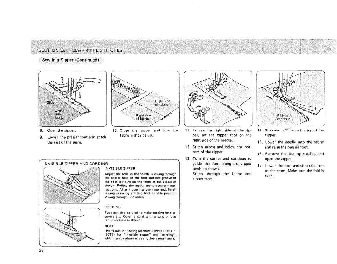 Sears 385.128418 owner manual Stop about 2 from the top of the zipper 