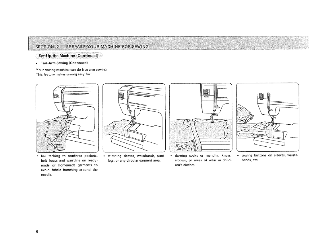 Sears 385.128418 owner manual Free-Arm Sewing, Tacking, Pockets, Sleeves, Pant, Or areas 