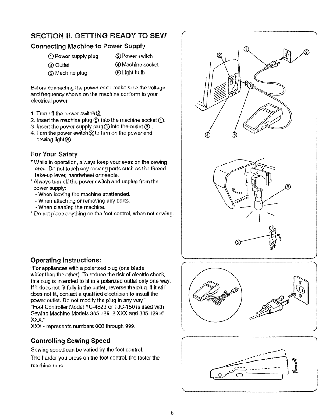 Sears 385.12912, 385.12916 Connecting Machine to Power Supply, Operating instructions, Xxx, Controlling Sewing Speed 