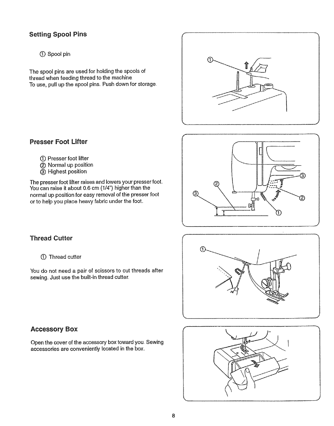 Sears 385.12912, 385.12916 owner manual Thread Cutter, Accessory Box 