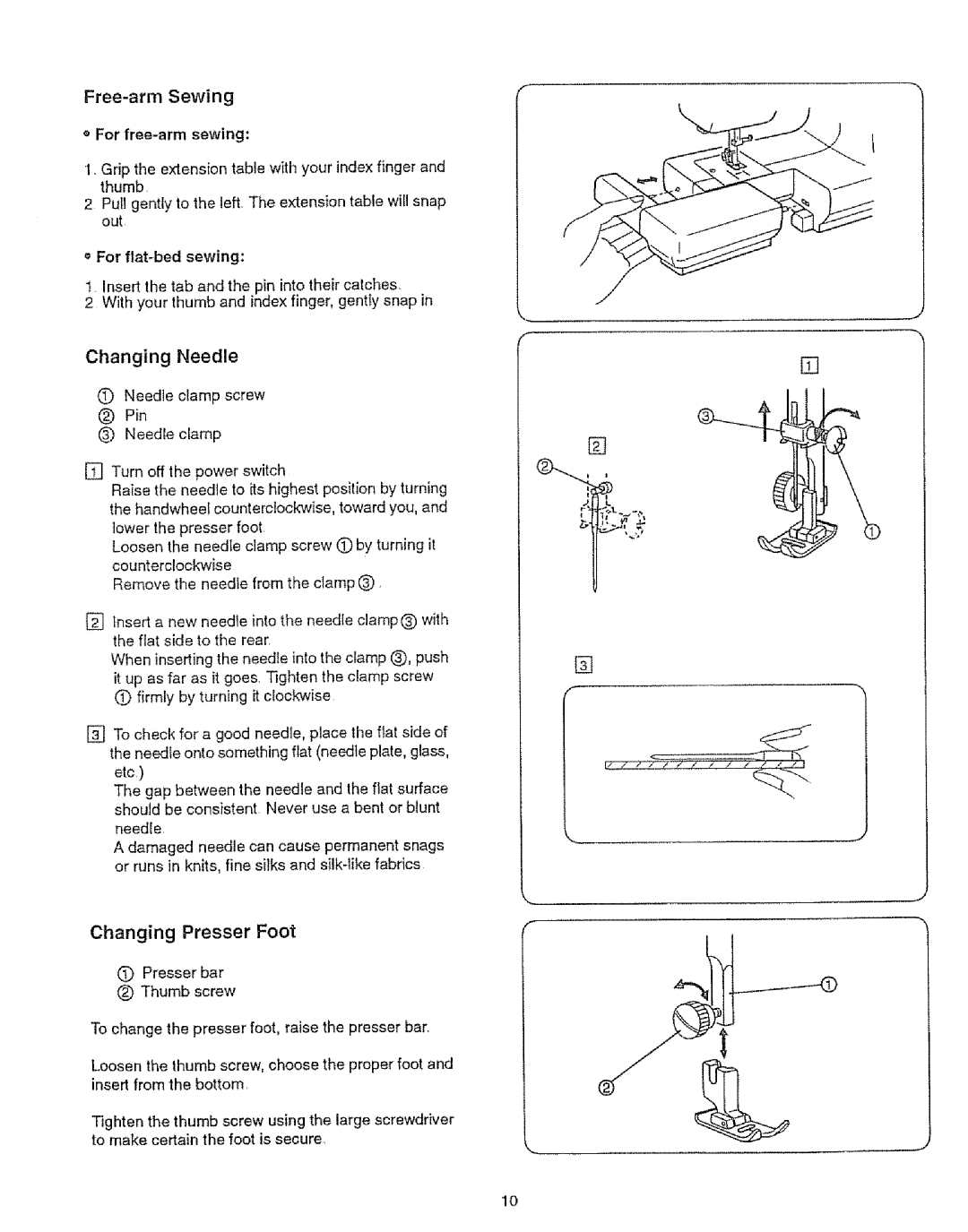 Sears 385.12912, 385.12916 owner manual Changing Needle, Changing Presser Foot, Free-arm Sewing, For free-arm sewing 