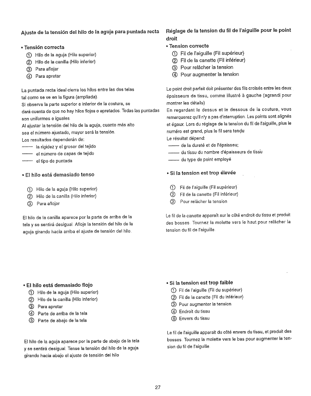 Sears 385.12916, 385.12912 Tension correcte, El hilo est demasiado tenso, Si la tension est trop leve, TensiSn correcta 
