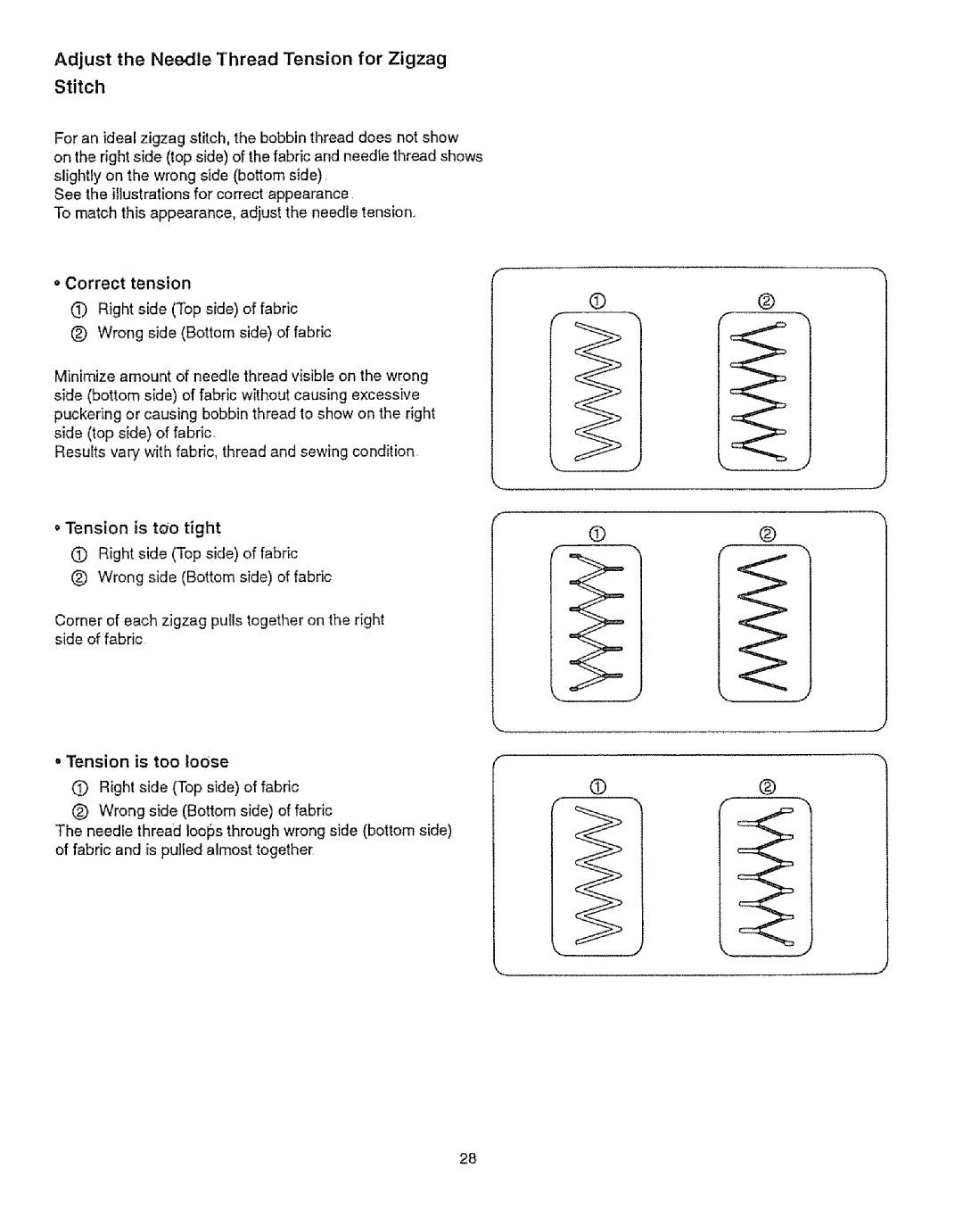 Sears 385.12912, 385.12916 owner manual Adjust the Needle Thread Tension for Zigzag Stitch 