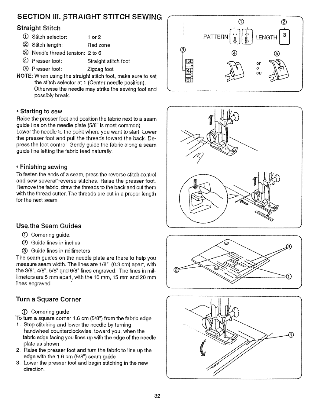 Sears 385.12912, 385.12916 owner manual Section III..STRAIGHT Stitch Sewing, Use.the Seam Guides, Turn Square Corner 