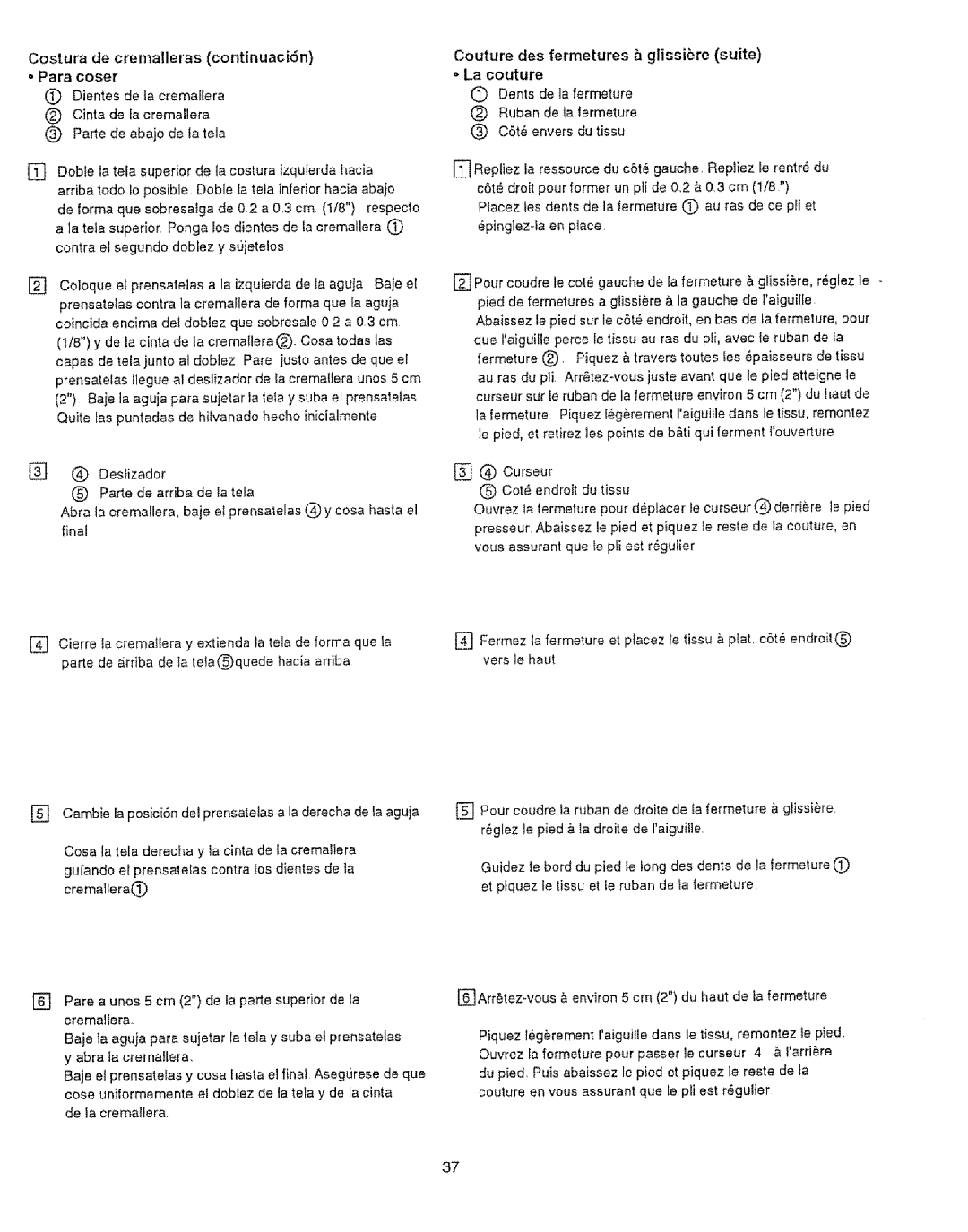 Sears 385.12916, 385.12912 owner manual Costura de cremalleras continuaci6n 