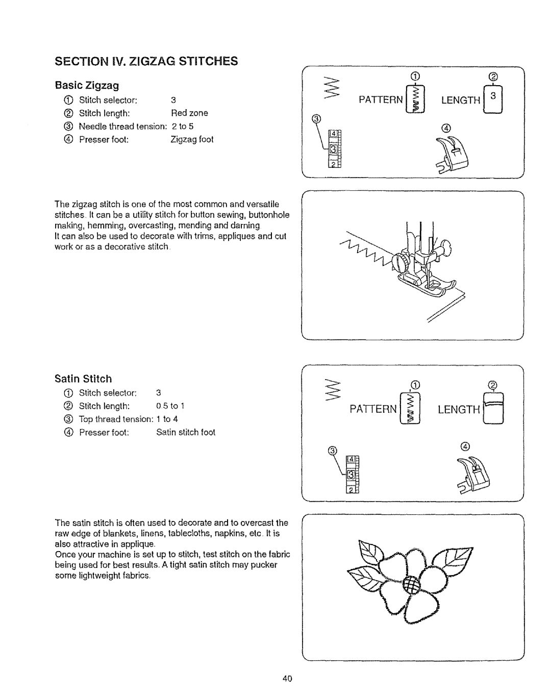 Sears 385.12912, 385.12916 owner manual Section iV. Zigzag Stitches, Basic Zigzag, Satin, Length, Pattern 