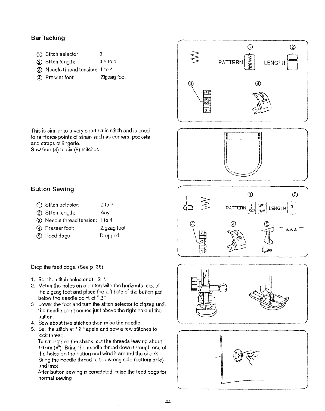 Sears 385.12912, 385.12916 Bar Tacking, Buon Sewing, Needle thread tension 1 to, Patternlength, Thread tension 1 to 