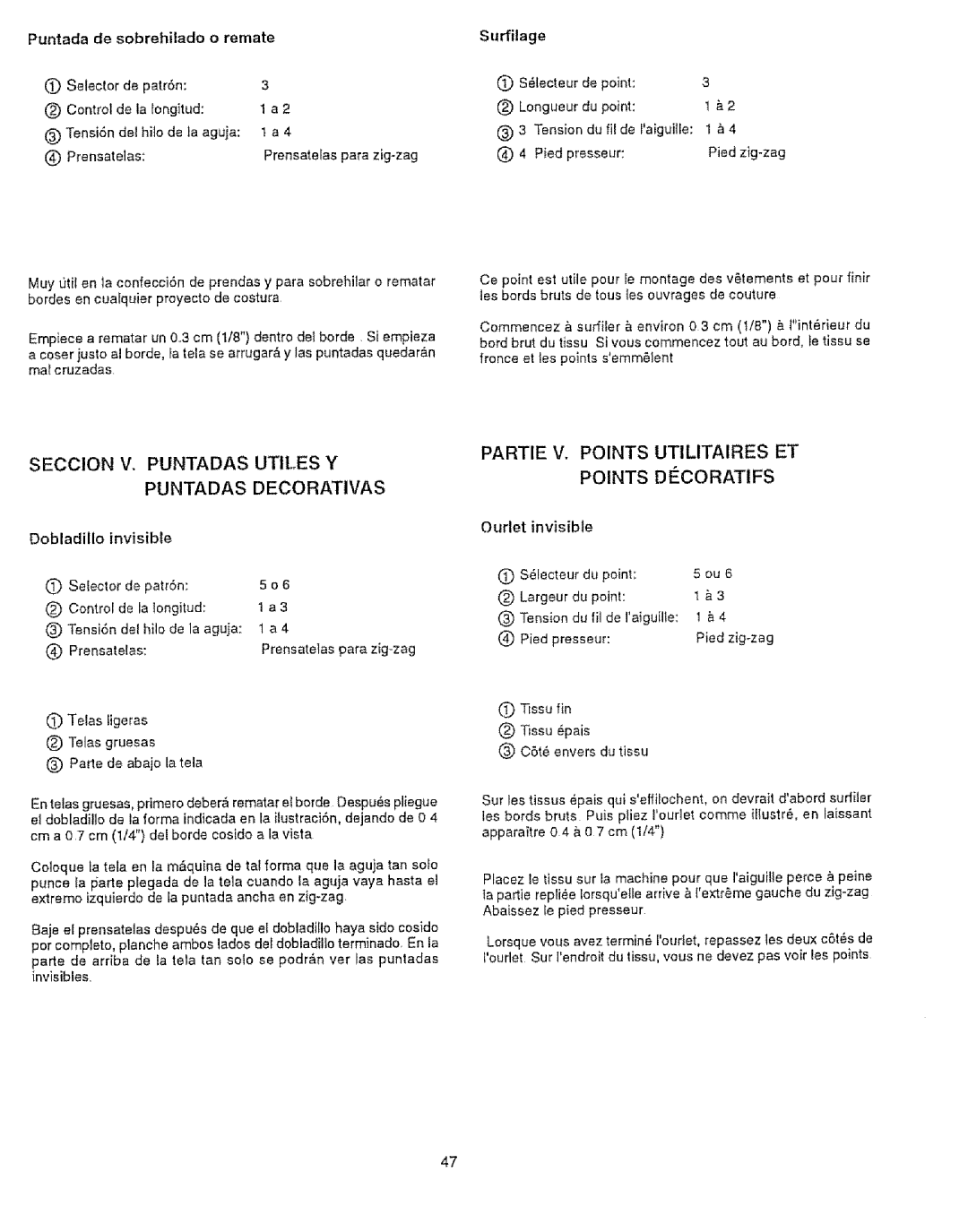 Sears 385.12916 SECClON V. Puntadas Utiles Y, Puntadas Decorativas, Partie V. Points Utilitaires ET, Points DtCORATIFS 