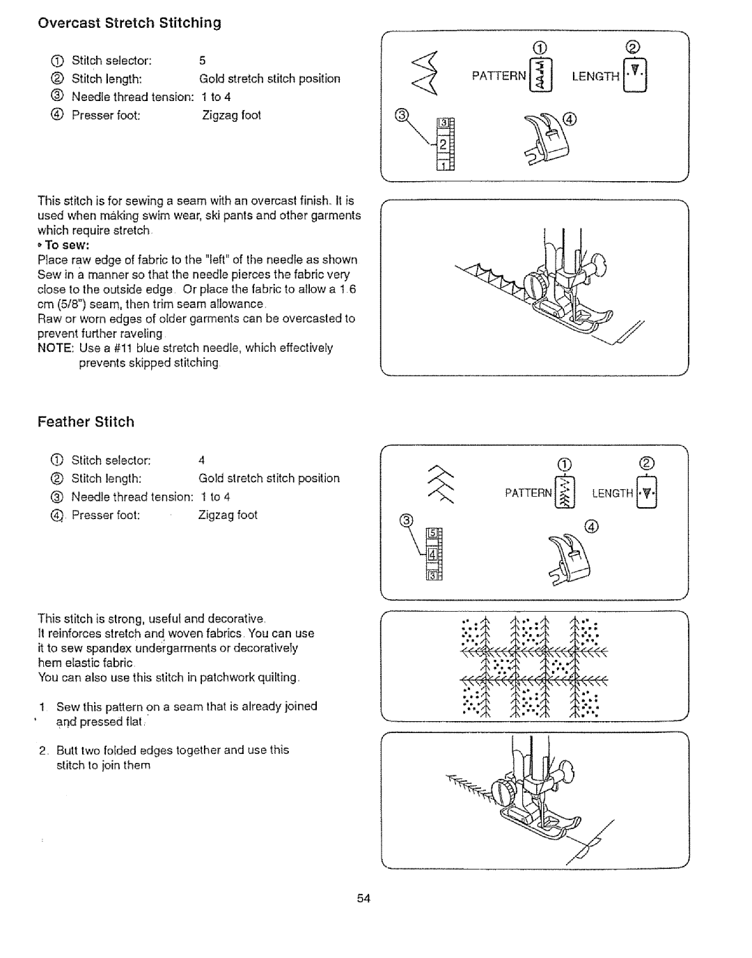 Sears 385.12912, 385.12916 owner manual Overcast Stretch Stitching, Feather Stitch, Length 