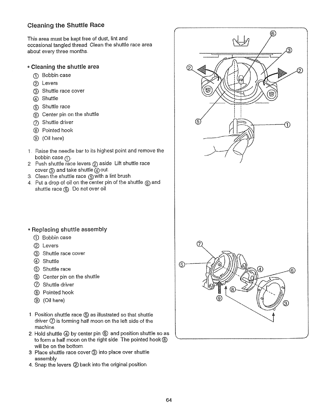 Sears 385.12912, 385.12916 owner manual Cleaning the Shutlle Race 