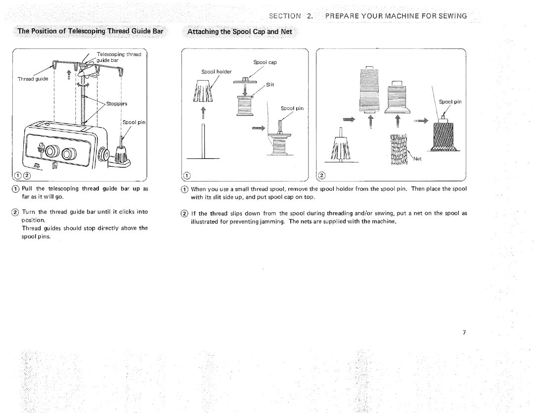 Sears 385.16631 Position of Telescoping Thread Guide Bar, Prepare Your Machine for Sewing, Attaching the Spool Cap and Net 