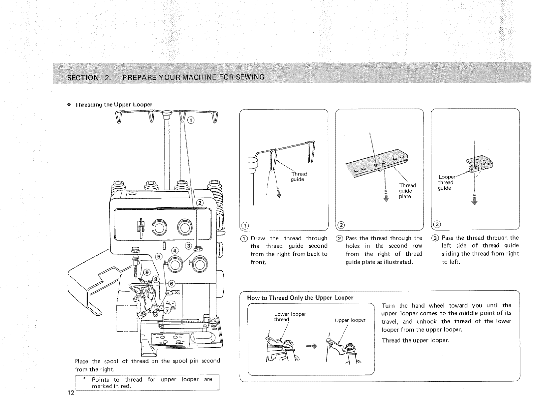 Sears 385.16631 owner manual Prepare UR Machine JFOR,SEW NG, Threading the Upper Looper 